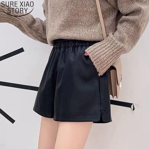 Black Wide Leg Shorts 2021 Winter Shorts Women Fashion High Waist Loose PU Leather Short Femme Pantalon Corto Bottoms 11267