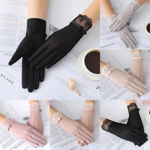 Breathable Anti-skid Fashion Women Bowknot Ice Silk Soft Anti-UV Touch Screen Summer Driving Gloves for Summer