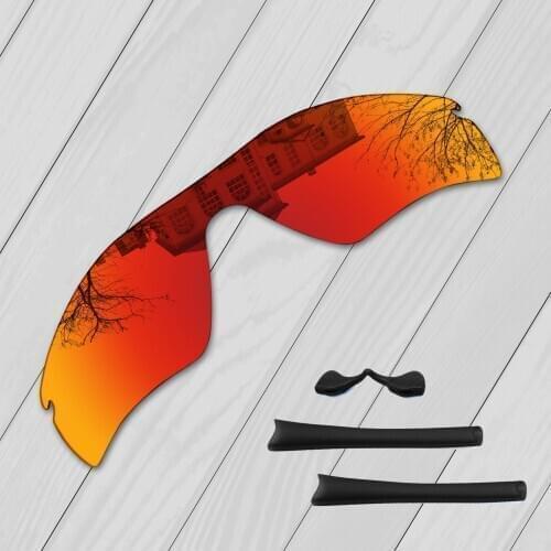 E.O.S Black Ear Socks Nose Pads Rubber Kit + Fire Red Polarized Replacement Lenses for Oakley Radar Path Sunglasses