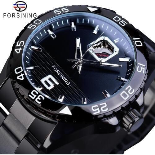 Forsining Half Skeleton Black Stainless Steel Men Automatic Mechanical Wrist Watch Transparent Male Clock Relogio Timepiece Hour
