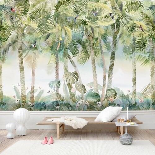 Custom Mural Wallpaper European Style Hand Painted Coconut Tree Flowers And Birds Photo Wall Decor Living Room TV Sofa Wallpaper