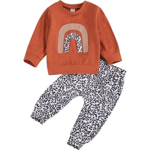 FOCUSNORM Newborn Baby Girls Boys Clothes Sets Rainbow Leopard Print Long Sleeve Pullover Sweatshirt Tops Pants 0-24M