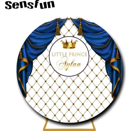 Sensfun Royal Prince Round Backdrop Cover Blue Curtain Gold Crown Boys Newborn Baby Shower Birthday Party Photography Background
