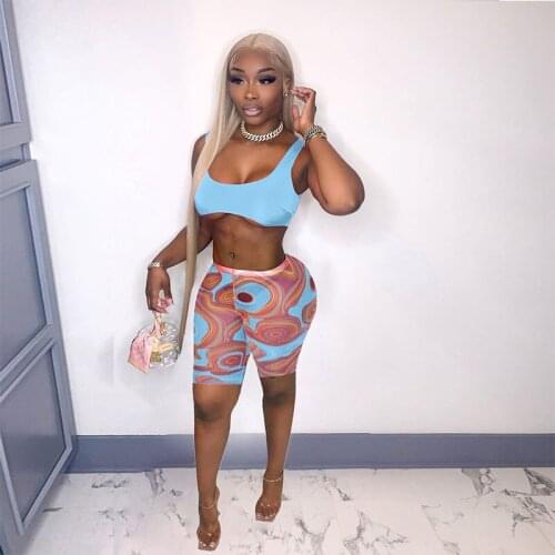 ZKYZWX Summer 2 Piece Tracksuits Outfits for Women Backless Tank Sexy Aesthetic Print Biker Shorts Streetwear Club Matching Sets