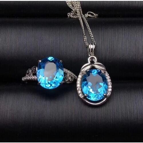Fashion big 9*11 Natural blue topaz gem Ring Pendant Natural Gemstone Jewelry Sets 925 Silver Women party gift fine jewelry