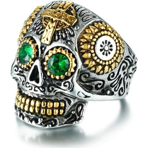 Mexican Sugar Skull Ring for Men Punk Green Eyes Rings Mens Stainless Steel Biker Band Male Jewelry
