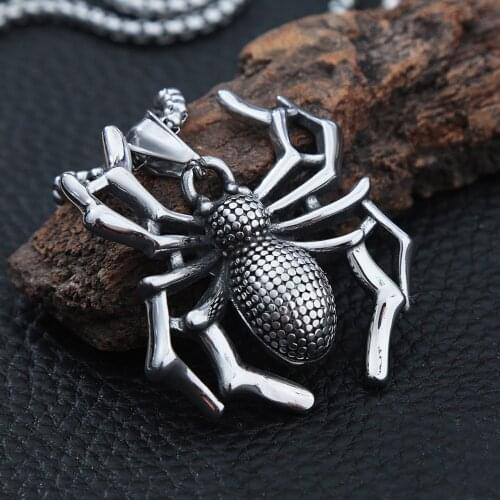 Gothic Stainless Steel Spider Pendant Necklace Punk Hip Hop Black Widow Spider Animal Pendant Mens Fashion Jewelry Gift