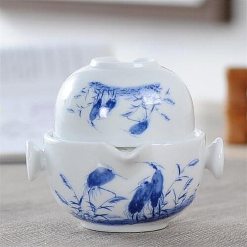 Portable Travel Tea Set Hand Painted Blue and White Ceramic Cup Quick-Off Cup Legant Gaiwan,Beautiful And Easy Teapot Kettle