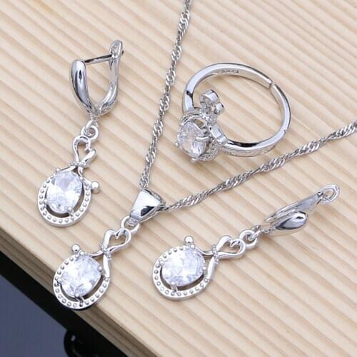 Propose Marriage 925 Silver Earrings Jewelry Sets for Women Wihte Topaz Stone Necklace Open Ring Trendy Jewelry Dropshipping
