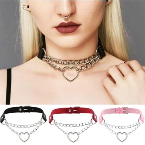 Women hiphop cute cosplay Maid Collar Punk Gothic Leather Choker Metal Chain Harajuku Adjustable Heart Necklace Fashion Jewelry