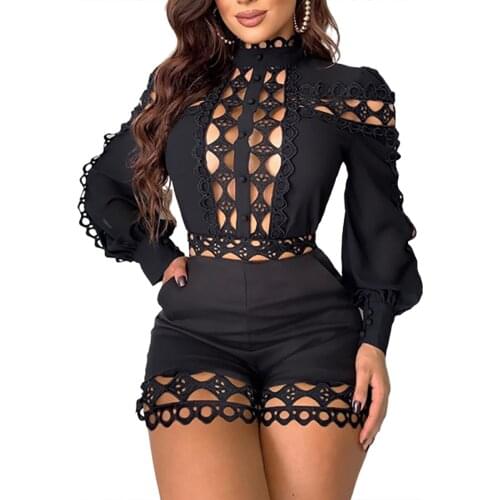 Sexy Womens Rompers Hollow Out Playsuits For Women Long Sleeve Skinny Nightclub Overall Fashion Womens Clothing 2021