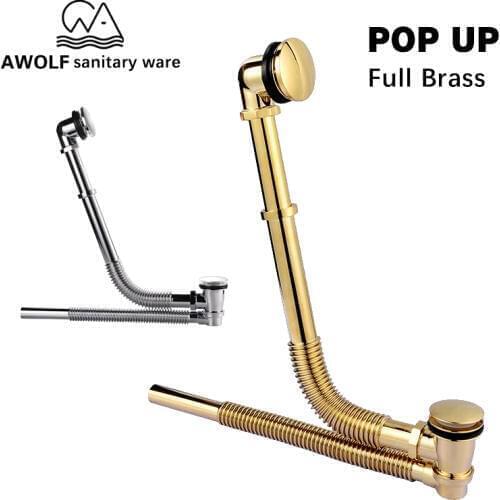 Bathtub Drainer Push Down Pop Up Hold Bath Waste Drains For Bathing Tub Shiny Golden Chrome Full Brass Luxury Bathroom AH6156