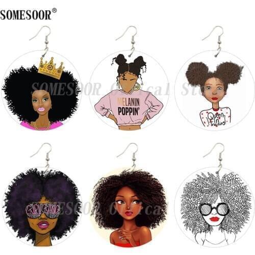 SOMESOOR Black Girl Gang Afro Queen Wooden Drop Earrings Melanin Poppin Cruly Natural Hair Handmade Wood Dangle For Women Gift
