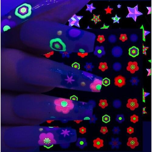 Luminous Nail Art Stickers Decals 3D Self-adhesive Fluorescent Color Geometric Flower Bow Design