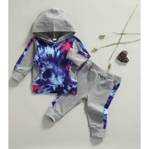 Baby Hooded Sweater + Pants, Tie-dye Pattern Pocket Decoration Elastic Waist Spring and Autumn Clothing