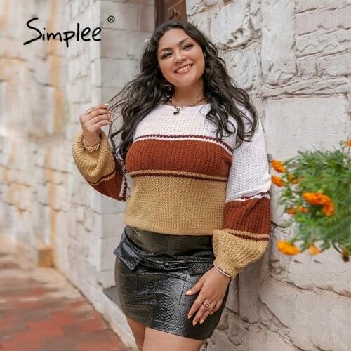 Simplee Casual color block plus size knitted sweater women Office o-neck pullover jumper autumn Loose off shoulder sweater 2021