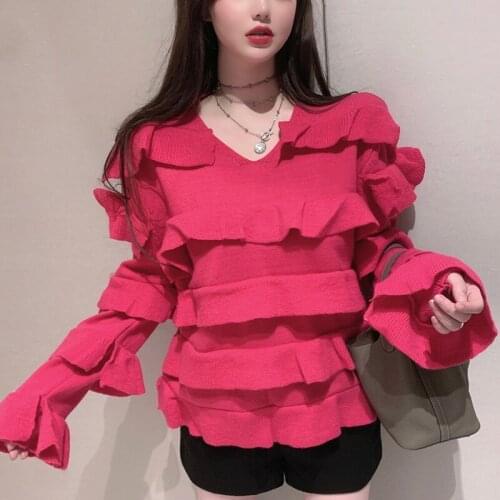 Sweet V-neck Falbala Edge Flared Sleeve Sweater Stylish Loose-fitting Knitwear Pullover Sweaters for Women Winter Clothes Women