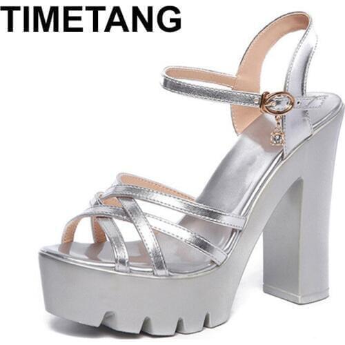TIMETANG13cm Heels Block Platform Sandals Woman Shoes SummerAnkle Buckle High Heels Sandals Office Ladies Shoes WhiteSilverE1246