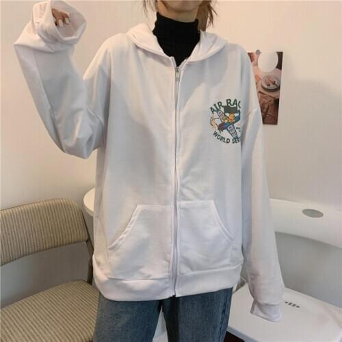 Hoodie Sweatshirt Women Autumn Harajuku Print Cartoon New Zipper Cute Female Loose Size All-match Hooded Warm Plus Velvet Top