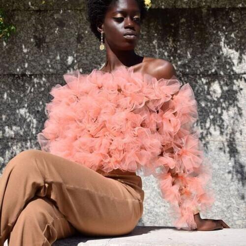 Streetwear Ruffled Tulle Top 2020 Fashion Off the Shoulder Long Sleeve Women Tops Hot Sale Tulle Tops Custom Made Any Colors