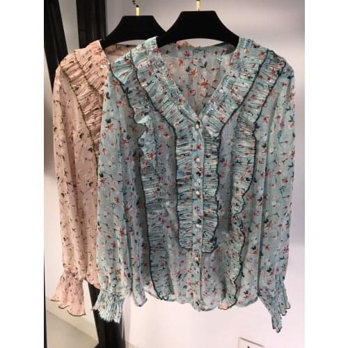 Ladies 2021 fashion new long-sleeved sexy wooden ear beaded floral shirt 0119