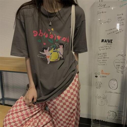 Female Korean Harajuku Cartoon Letter Print Bf Loose Tshirt Womens T-shirts Tops Japanese Kawaii Ulzzang Clothes For Women