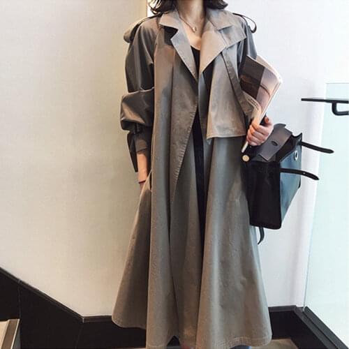 Lapel Women Spring Autumn Clothes Long Trench Coat Khaki Grey Fashion Simple Basic Outerwear Casual Loose Patch Overcoat f1189