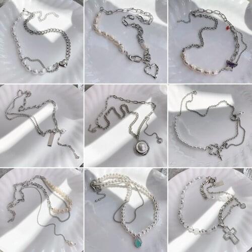 Origin Summer Statement Irregular Freshwater Pearl Pendant Necklace for Women Cross Love Heart Chunky Chain Necklace Jewelry