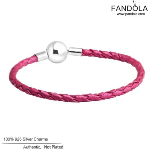 100% 925 Sterling Silver Round Clasp Bracelet Femme Rose Leather Charm Bracelets Bangles for Women Pulseira Silver 925 Jewelry