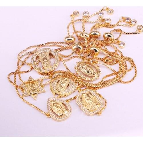 12PCS, Gold Electroplated Crystal Zirconia Jesus Engraved Connector Link Chain Bracelet For Women Girls