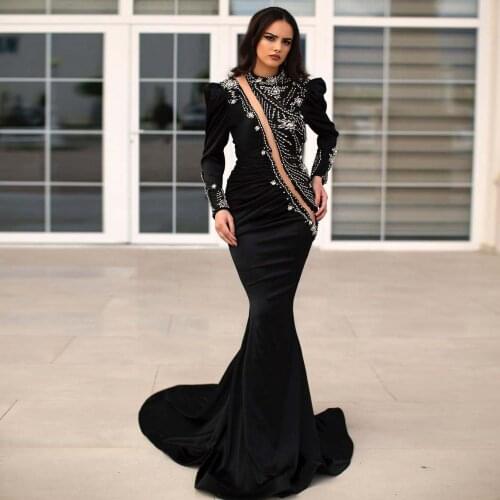 Black Fashion Moroccan Caftan Evening Dress Floor Length Mermaid Dress Applique Long Sleeves Prom Dress Custom Made Plus Size
