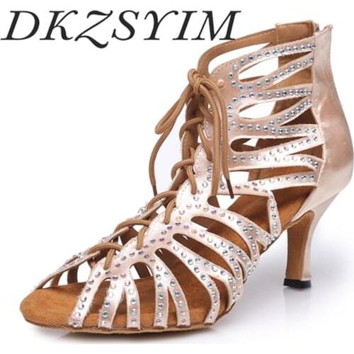 DKZSYIM Latin Dance Shoes Salsa Ballroom Shoes Woman Sandals Big Small Rhinestones Wholesale High Hells Instep upper Adjustable