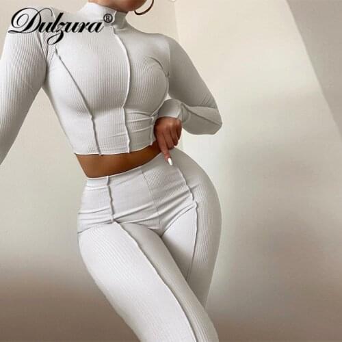 Dulzura Ribbed Patchwork 2 Pieces Long Sleeve Crop Top High Waist Leggings Set Sporty Tracksuit 2021 Summer Women Solid Outfit