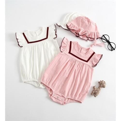 FEERIJT Ins Baby Girl Clothes 2019 Summer Cotton Girls One-piece with Hat Infant Baby Bodysuit Soft Cute Clothes Pink Newborn
