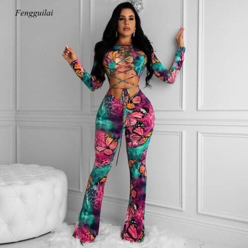 Women Bandage Wide Leg Butterfly Printed Long Sleeve Bodycon Jumpsuit Oversize Plus Size