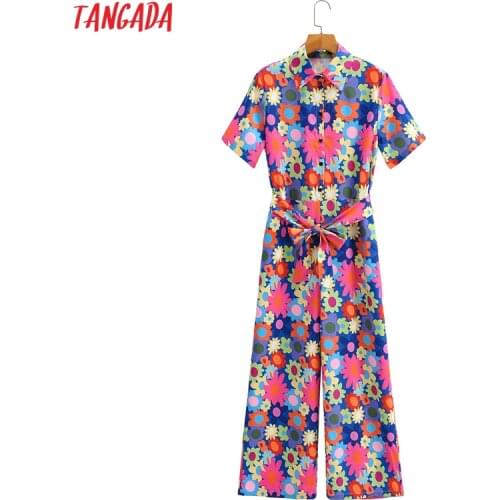 Tangada Women Colorful Flowers Print Long Jumpsuit Short Sleeve Pocket Female Casual Jumpsuit 1F208