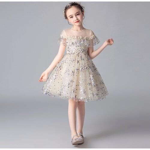 Fancy Flower Girl Dress Kids Star Sequins Tulle Ball Gown Children Birthday Party Dresses Gowns Teenagers Boutique Vestidos