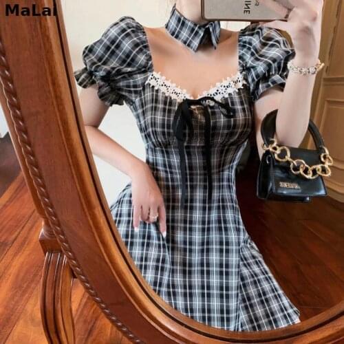 Lolita Style Black White Plaid Dress Woman Summer Square Collar Casual Lady Vestido Mori Girl Vintage Puff Sleeve Mini Dresses