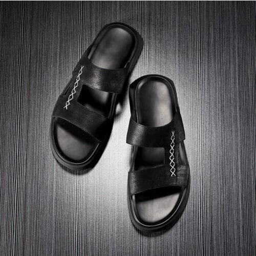 Male Summer Black Beach Slippers Top Quality Fashion Brand Slides Mens Soft Cow Leather Outdoor Breathable Non-slip Sandals