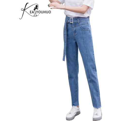 Autumn 2020 Blue High Waist Boyfriend Jeans For Women Trousers Belt Denim Pants Straight Jeans Woman Feminino Femme Plus Size 34