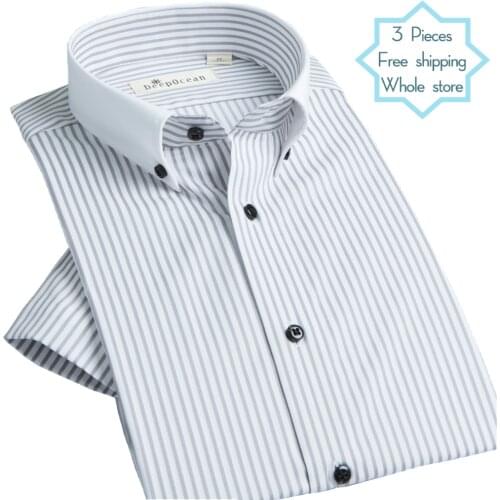 DEEPOCEAN Summer Mens Short Sleeve Shirt Slim Striped Mens Shirt Pure Cotton Business Casual Lining Pink Gray