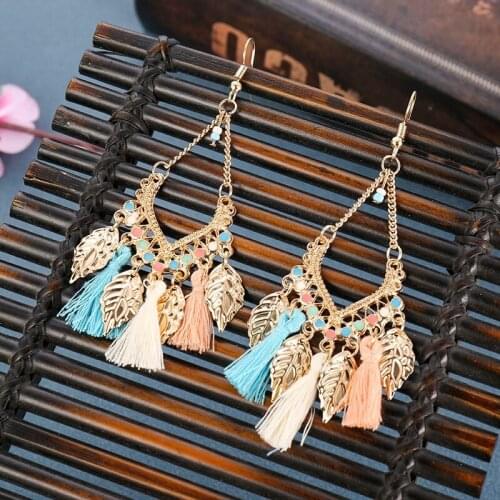 Fashion Women Colorful Boho Tassel Earrings Tibetan Jewelry Brincos Bijoux Vintage Bohemia Gold Alloy Leaf Tassel Drop Earrings