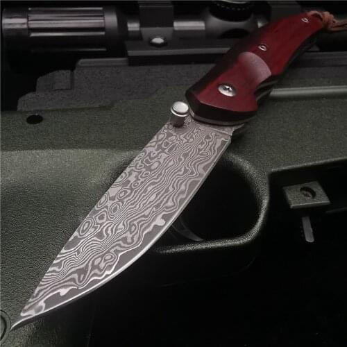 16.5MM (6.5') 61HRC Folding Knife Pipe Cutter Pocket Knives Tactical with Damascus Blade & Wood Handle Survival Hunting Knifes