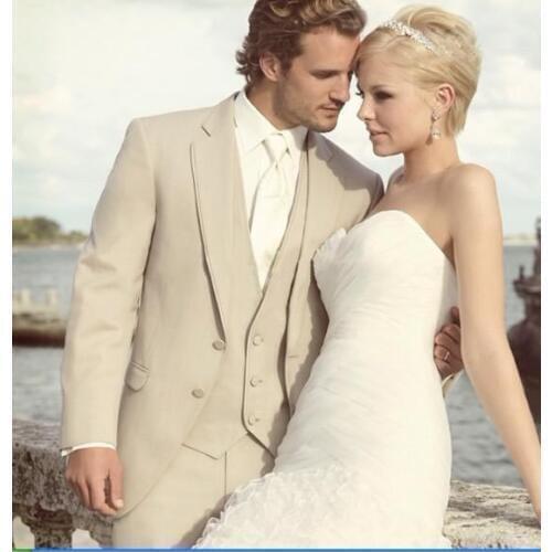 New Design Two Buttons Beige Groom Tuxedos Notch Lapel Groomsmen Mens Wedding Prom Suits (Jacket+Pants+Vest+Tie) NO:13