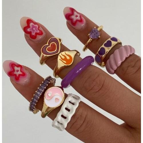 Ins Style Colorful Love Heart Rings For Women Men Lover Vintage Heart Couple Rings Yingyang Flame Finger Ring Jewelry кольцо