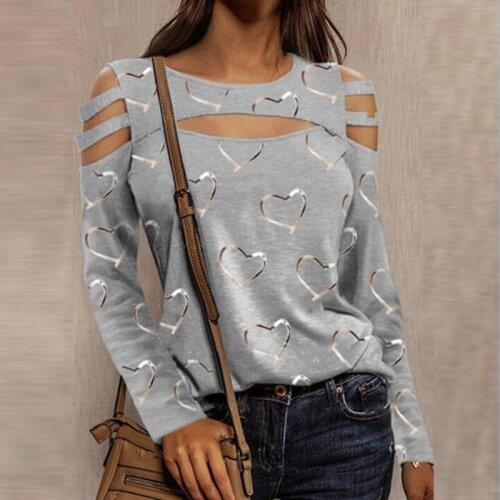 Female Elegant Shirt Fashion Love Print Sexy Long-sleeve Casual Top T-shirt Women Pullover O-Neck Hollow Out Tops Spring Autumn