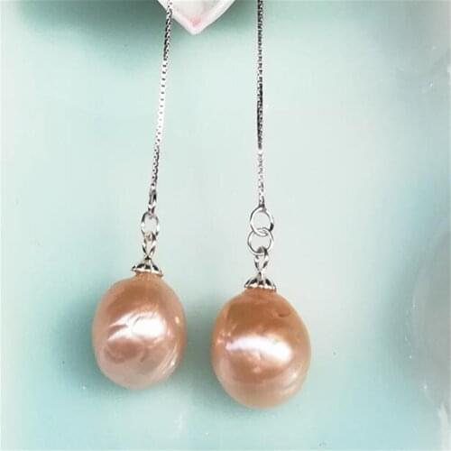 12-13mm Pink Baroque Pearl Earrings Silver Ear Drop Dangle Hoop Women Classic Earbob Irregular Accessories Flawless Wedding Gift