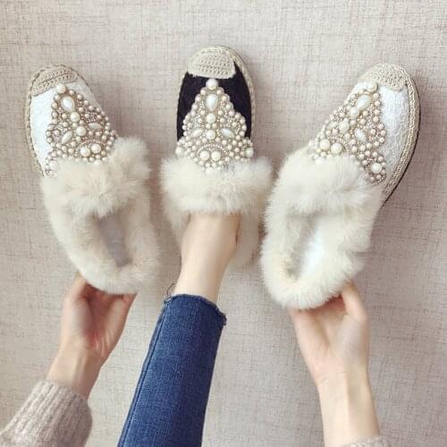 Koovan Womens Slippers Woman Wear 2020 Autumn And Winter New Fashion Pearl Rhinestones Half Slippers Loafers Shoes