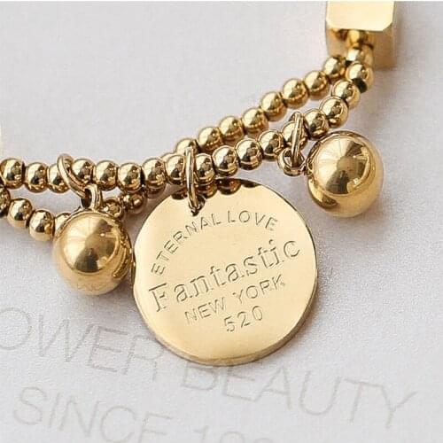 MEYRROYU Stainless Steel Gold Color Beads Round Tag Bracelets 2021 Trendy Simple Bracelets Female Girls Fashion Party Jewelry