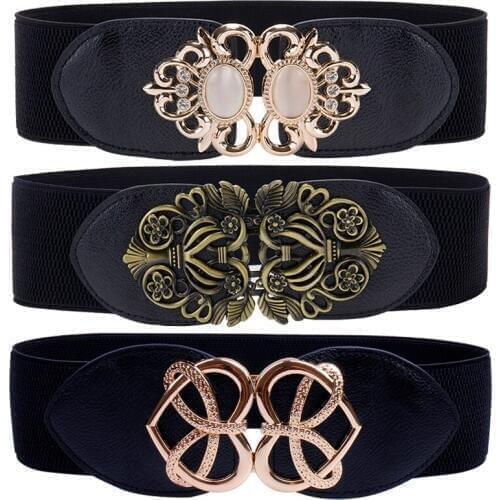 Women Fashion Stretch Cummerbunds Opal Buckle Heart Waist Belt Black Wide Elastic Cinch Corset Clubs Party Waistband Girls Lady